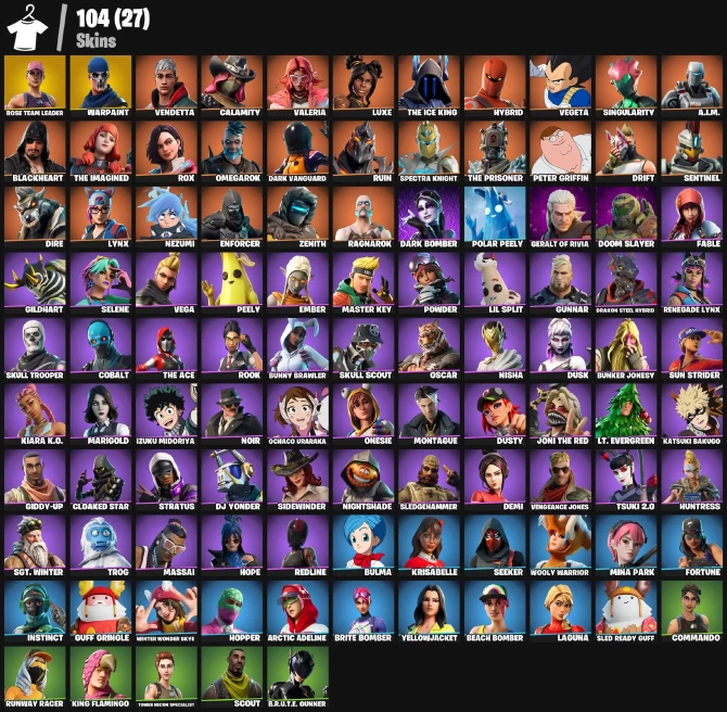 104 skins | OG STW | Vendetta | Calamity | Valeria | Luxe | The Ice King | Hybrid | Vegeta | Singularity | A.I.M. | Blackheart | The Imagined | 
