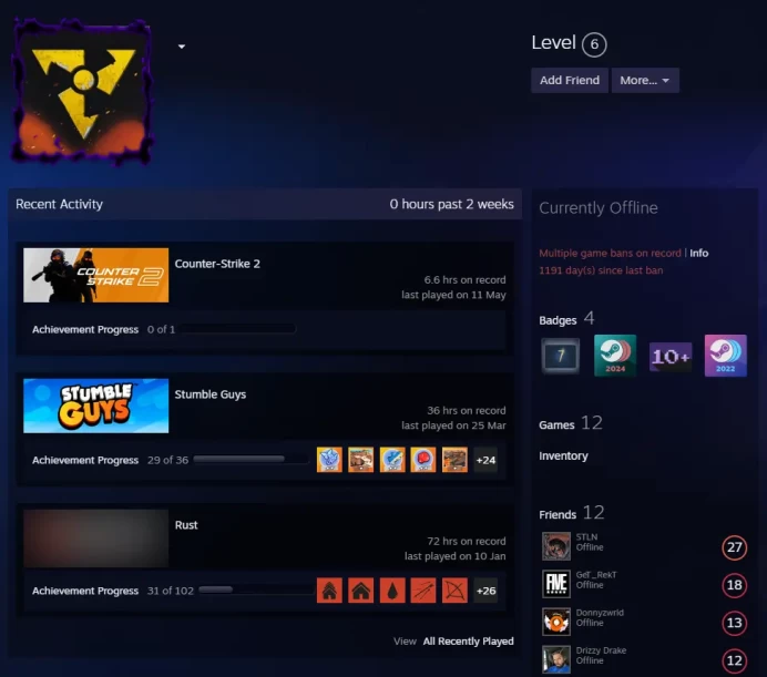 12Game-CS2 Prime+2Medals(5 Year Veteran Coin/Global Offensive Badge)(VAC RUST)