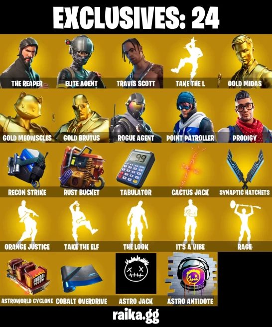 100 skins | The Reaper | Elite Agent | Travis Scott | Gold Midas | Gold Meowscles | Gold Brutus | Rogue Agent | Point Patroller | Prodigy 