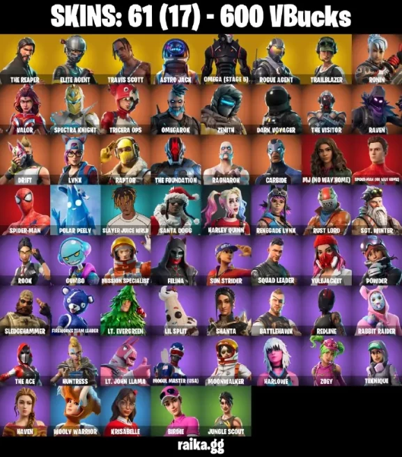 61 skins | The Reaper | Elite Agent | Travis Scott | Astro Jack | Omega (stage 5) | Rogue Agent | Trailblazer | Ronin | Valor | Spectra Knight |