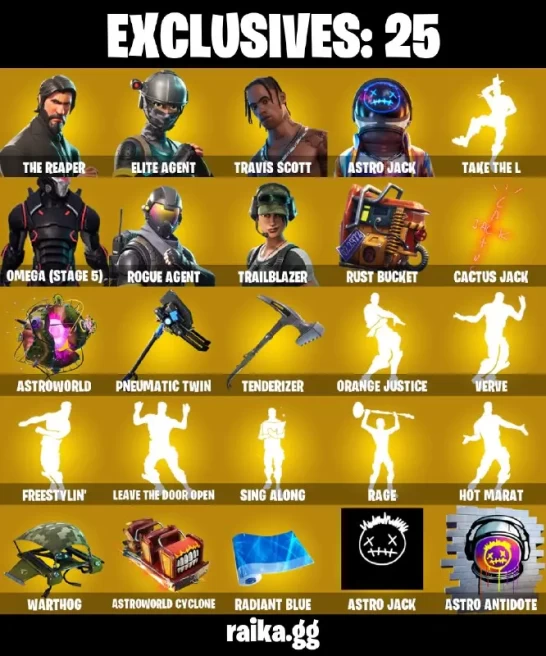 61 skins | The Reaper | Elite Agent | Travis Scott | Astro Jack | Omega (stage 5) | Rogue Agent | Trailblazer | Ronin | Valor | Spectra Knight |