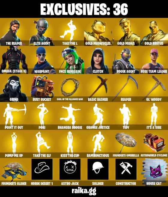 160 skins | OG STW | The Reaper | Elite Agent | Gold Meowscles | Gold Midas | Gold Brutus | Omega (stage 5) | FNCS Renegade | Clutch | -3050 VB