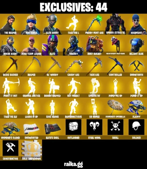 197 skins | OG STW | The Reaper | Merry Mint Axe  | Neo Versa | Elite Agent | Omega (stage 5) | Rogue Agent | Blitz | Trilogy | The Prisoner |  