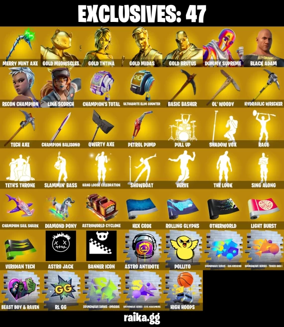 272 skins | Gold Meowscles | Gold TNTina | Gold Midas | Gold Brutus | Merry Mint Axe | Black Adam | Recon Champion | Lina Scorch | 4750 VB