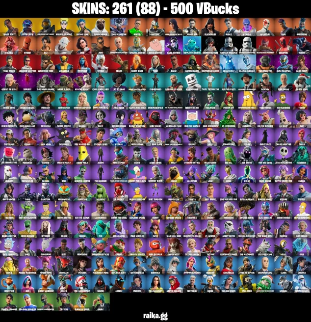 261 skins | Travis Scott | Astro Jack | Master Chief (Matte Black) | Naruto Uzumaki | Arcane Jinx | Shady Doggo | Spire Assassin | Hunter | 500