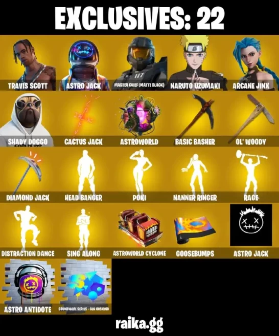 261 skins | Travis Scott | Astro Jack | Master Chief (Matte Black) | Naruto Uzumaki | Arcane Jinx | Shady Doggo | Spire Assassin | Hunter | 500