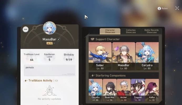 Asia|TL 64| 6 Limited |Saber E2+Sign,Cerydra,Kafka,Ruan Mei,Dante,Archer|Amphoreus|Take Mail|Check SS(HSR4531)