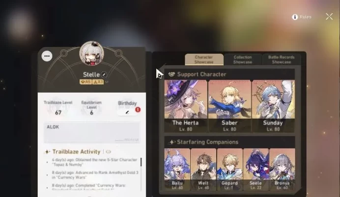 Asia|TL 67| 9 Limited |Sunday+Sign,Hysilens,Saber,B3,The Herta,Ruan Mei,Archer,Topaz|Amphoreus|Take Mail|Check SS(HSR4497)