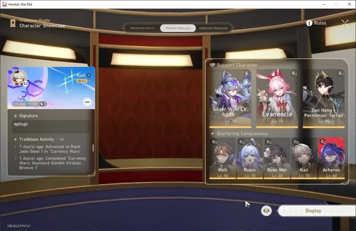 ASIA | TL 52 | Silver Wolf LV70, Evanescia LV70, Dan Heng PT LV70, Robin LV70. | TakeMail | Check SS HSR462B