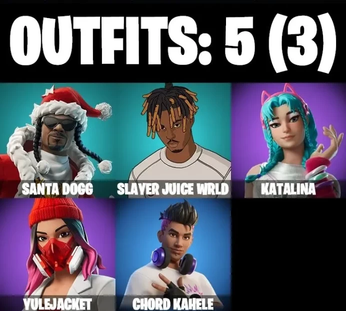 5 SKINS  85 COSMETICS  SANTA DOGG  SLAYER JUICE WRLD  KATALINA  YULEJACKET  CHORD KAHELE  CAN PLAY ON PSN  XBOX