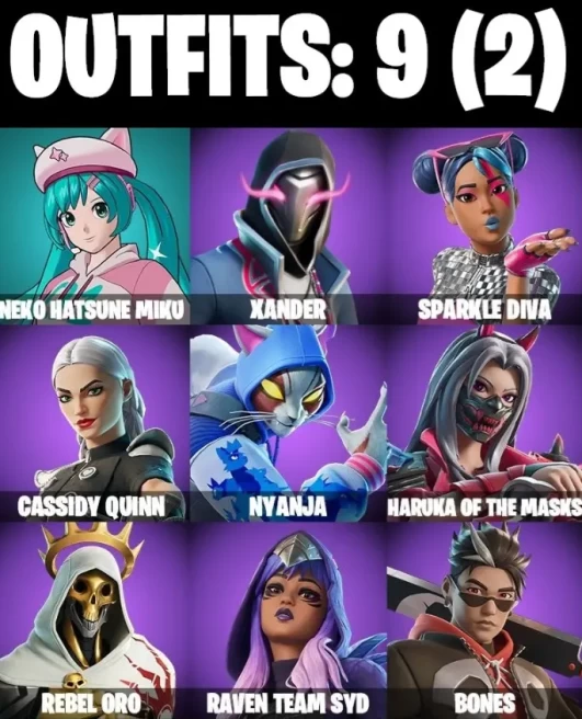 9 SKINS  58 COSMETICS  NEKO HATSUNE MIKU  SPARKLE DIVA  CASSIDY QUINN  REBEL ORO  CAN PLAY ON PSN  XBOX  PC