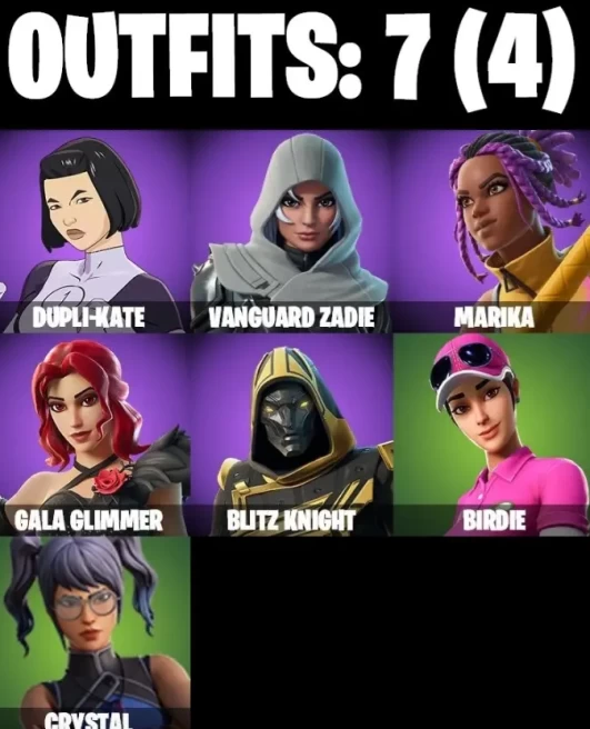 7 SKINS 158 COSMETICS DUPLI-KATE VANGUARD ZADIE MARIKA GALA GLIMMER BLITZ KNIGHT BIRDIE CRYSTAL CAN PLAY ON PSN