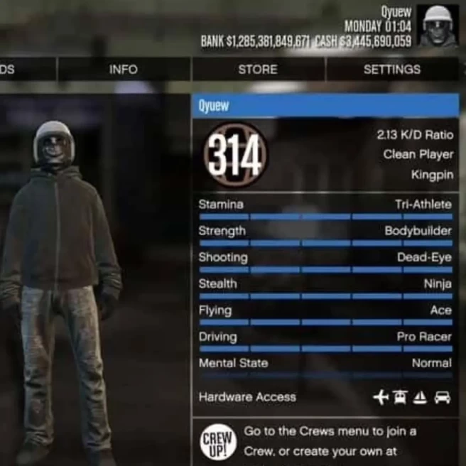 GTA3 PS4 Lvl 314 $1.2T 4x Fast Run Color Helmets Halloween Face Paints Research Premium Avatars