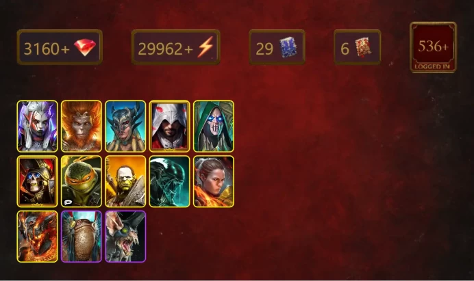 [STARTER]Bad-el-Kazar+Tekteon Fissureflesh+Visix+Wukong+Scyl+Ezio Auditore+Deathknight+Michelangelo+Artak+Xenomorph+28Epics
