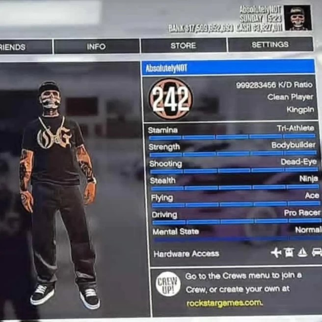 GTA12 PS4 Level 242 $17.5B Modded Cars Halloween Face Paints Male US