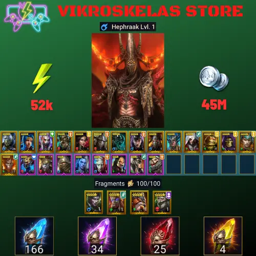 Starter with Hephraak + Shards : 166 Ancient, 34 Void, 25 Primal, 4 Sacred | Ninja + 17 Login Legendary | Mine max