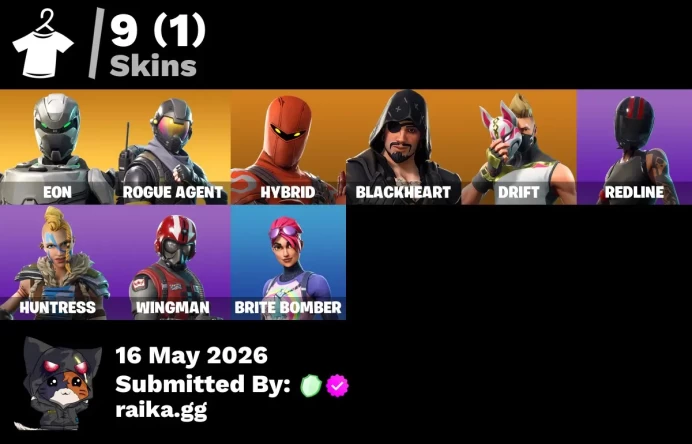 9 skins | Eon | Ride The Pony | Rogue Agent | Hybrid | Blackheart | Drift | Redline | Huntress | Wingman | Brite Bomber | Mutiny