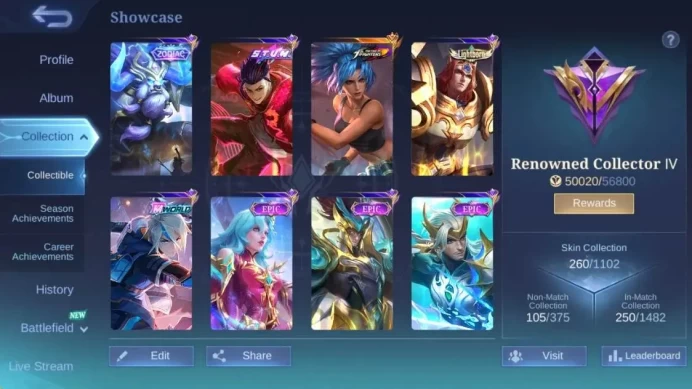 Global|Hero 132|Skin 260|Renowned|KOF Karina|STUN Chou|SS Badang|M-World Ling|Zodiac Minotaur|375|More Check SS ML1901B