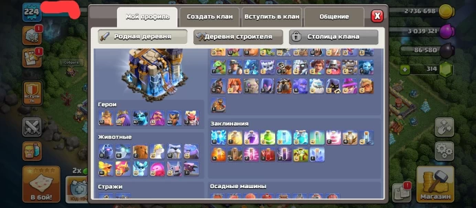 COC114 TH Level 18, Heroes (72/105/47/80/46), Walls 16-17 Level, 11 Epic Shells, LVL 224, Builders: 6, LVK Medals: 230, Skins, Meteor decoration