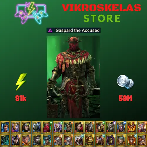 Starter acc with Gaspard : 91k energy / 59 mln coins / Drexthar, Errol, Cillian 2x, Arix, Ninja + 20 Login Legendaries / Sabitha