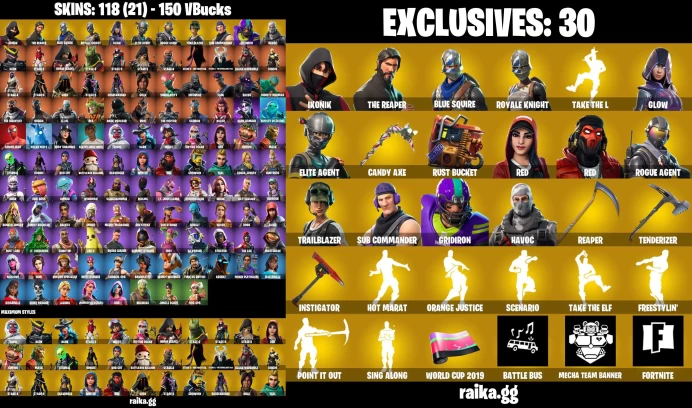 "PC/XBOX 118 / IKONIK / The Reaper / Take THe L / Blue Squire / Royale Knight / Glow / Trailblazer / Scenario "	LKK273