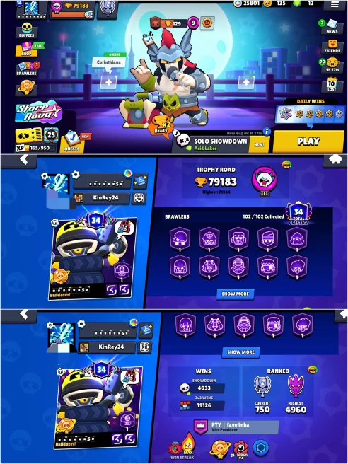 OP 2020 BS 79.1k TROPHY,102/102 UNLOCKED,19.1k+ 3V3 WINS,74 HYPER CHARGED, 1 MAXED,293 OP SKINS,849 PINS,487 ICON,243 SPRAYS