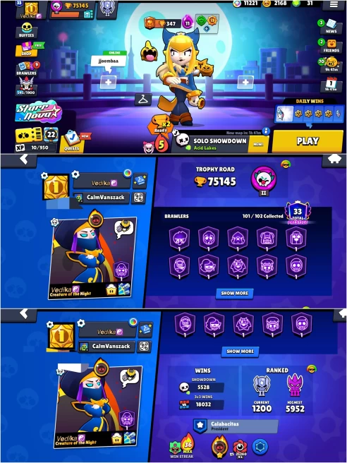 OP 2018 BS 75.1k TROPHY,METEORIC FAME 1,STAR SHELLY,18k+ 3V3 WINS,72 HYPER CHARGED, 11 MAXED, 362 OP SKINS, 1107 PINS,558 ICON,287 SPRAYS