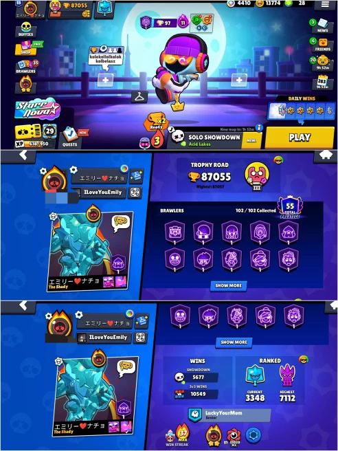 2019 BS 87k TROPHY,METEORIC FAME 2,55 PRESTIGE,10k+ 3v3 WINS,102/102 UNLOCKED,69 HYPER CHARGED,2 MAXED,455 OP SKINS,1323 PINS,675 ICON,350 SPRAY