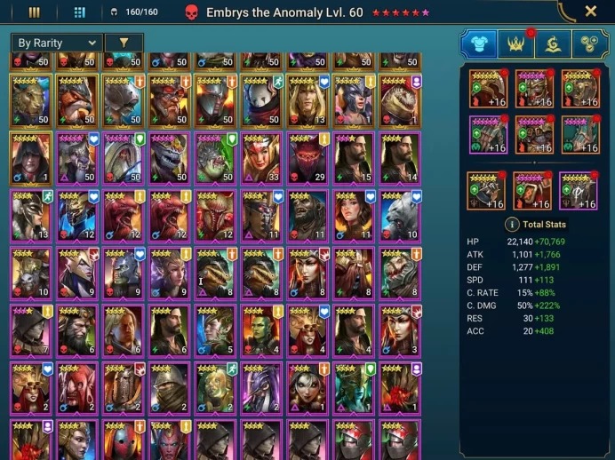 RSL713: LV82 - Power 7M - 2 mythic - 30 Champions LV 60 - 64 legend - 8 void