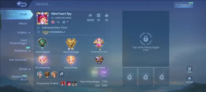 (0AML583)113 HEROES + 194 SKIN + 1 COLLECTOR NATA + ODETTE LUCKY BOX + 1 KOF KARINA + 24 EPIC + 39 SPECIAL + 122 ELITE +6 PAINTED SKIN