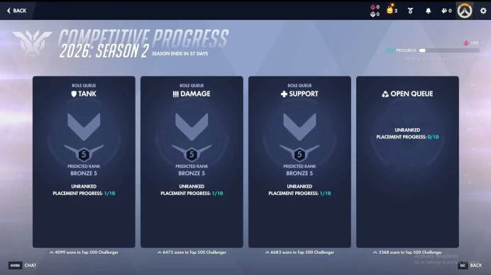 OW244 Overwatch 2 Level 20 Random Roles Bronze 5 Tank Bronze 5 DPS Bronze 5 Support Account Random Roles Bronze Predict Full Access Free Battle 