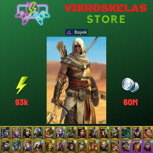 Starter acc with Bayek : 93k energy / 60 mln coins / Lanakis, Roric, Arix, Ninja + 20 Login Legendaries / Ursala, Deacon