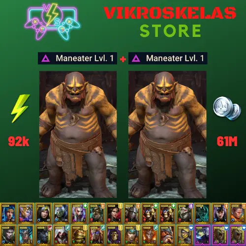 Starter acc with 2 Maneaters : 92k energy / 61 mln coins / Longbeard, Lugan, Arix, Ninja + 20 Login Legendaries / Madame Serris