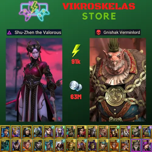 Starter acc with Shu-Zhen : 91k energy / 63 mln coins / Gnishak, Gurptuk, Boragar, Arix, Ninja + 20 Login Legendaries