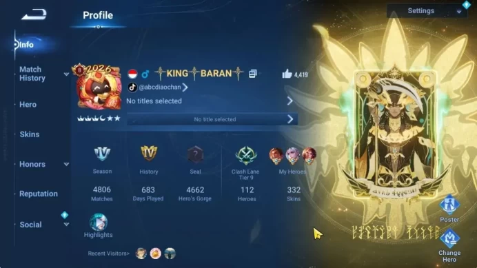 Hero112 Skin332|Mythic(GuanYu),24 legend,2Limbo(Milady,Biron),8 Nobility,3 LNY2026,KIC(Luna),LOM(Augran),Etc|Infinite|(HOK1999)