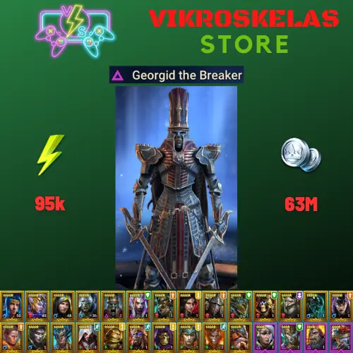 Starter acc with Georgid : 95k energy / 63 mln coins / Ruarc, Arix, Ninja + 20 Login Legendaries / Demytha, Skullcrown + Sinesha