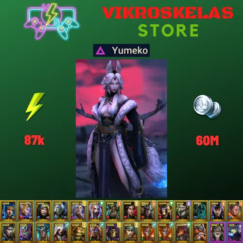 Starter acc with Yumeko : 87k energy / 60 mln coins / Ragash, Truath, Arix, Ninja + 20 Login Legendaries / Madame Serris