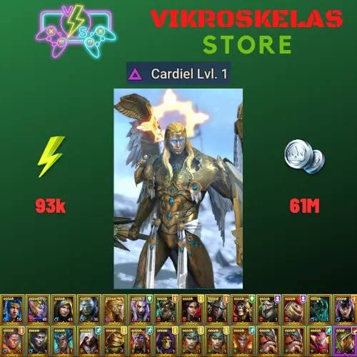 Starter acc with Cardiel : 93k energy / 61 mln coins / Mortu-Macaab, Rhazin, Arix, Ninja + 20 Login Legendaries / Fenax