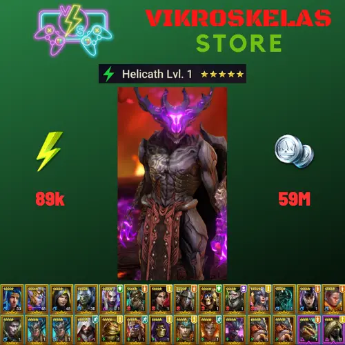 Starter acc with Helicath : 89k energy / 59 mln coins / Kantra, Arix, Ninja + 20 Login Legendaries / Geomancer, Slixus