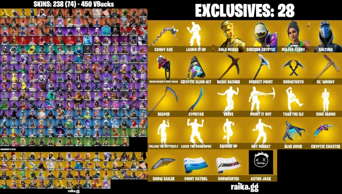 [PC/XBOX/NINTENDO] 238 skins | Gold Midas | Subzero Cryptic | Major Glory | Sultura | Mountaineer's Must-Haves	LKK277