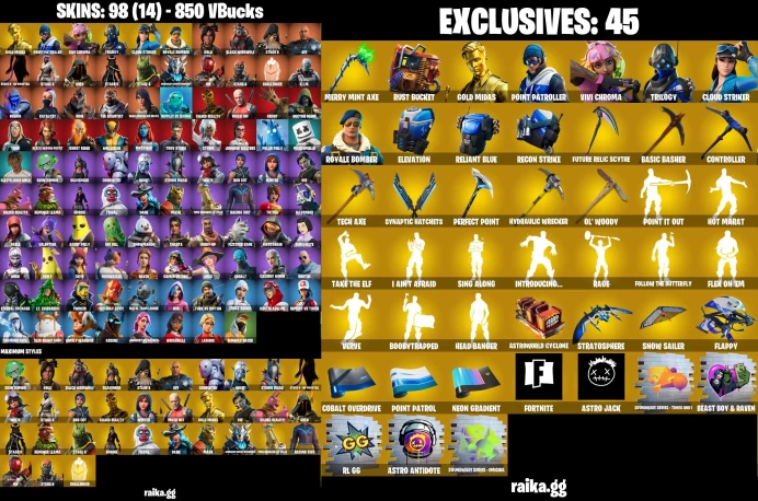 [PC/XBOX] 98 skins | Merry Mint Axe | Tony Stark | Peely | Mystique | Catalyst | Rust Bucket | Gold Midas	LKK475
