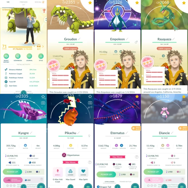 2248 Level 71 Legacy 46 Eternatus Rayquaza100 Shundo Groudon Shiny GMax Pikachu