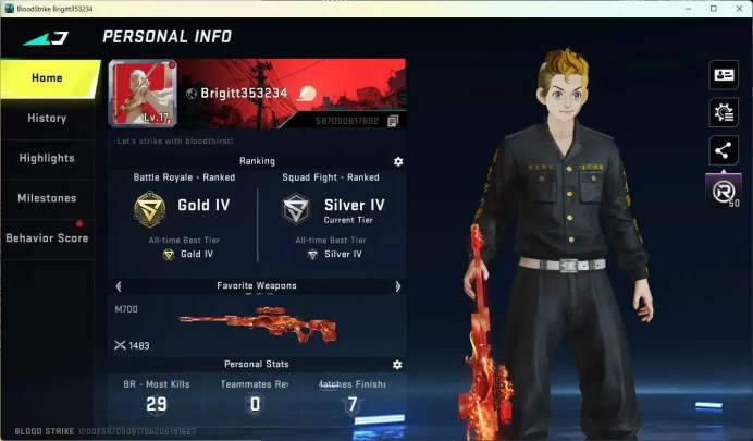 ASIA | Lv17|Gold IV BR|TR Parachute|1 ULTRA GUN: M700|7 ULTRA STRIKER|1 LEGENDARY GUN|2 LEGENDARY ITEM|More Check SS BS861B