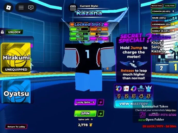 ROBLOX1698//ACCOUNT WITH KAZANA/KISUKI/HIRAKUMI/92 LUCKY ABILITY SPINS