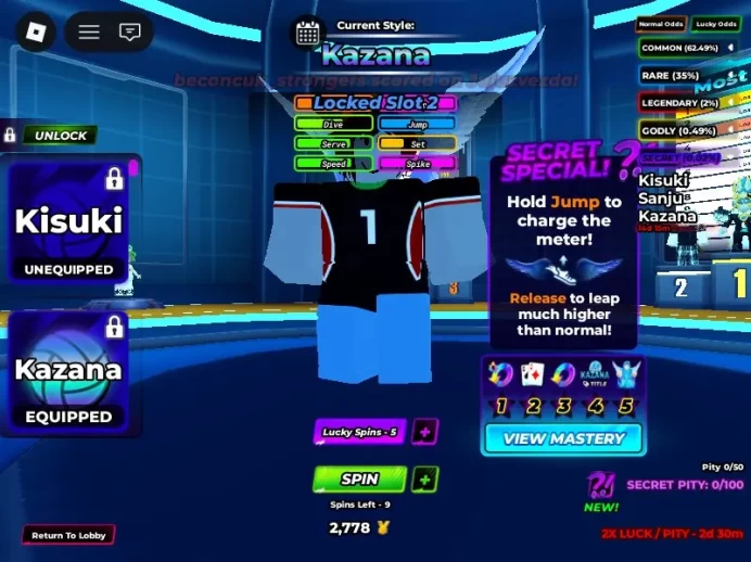 ROBLOX1698//ACCOUNT WITH KAZANA/KISUKI/HIRAKUMI/92 LUCKY ABILITY SPINS