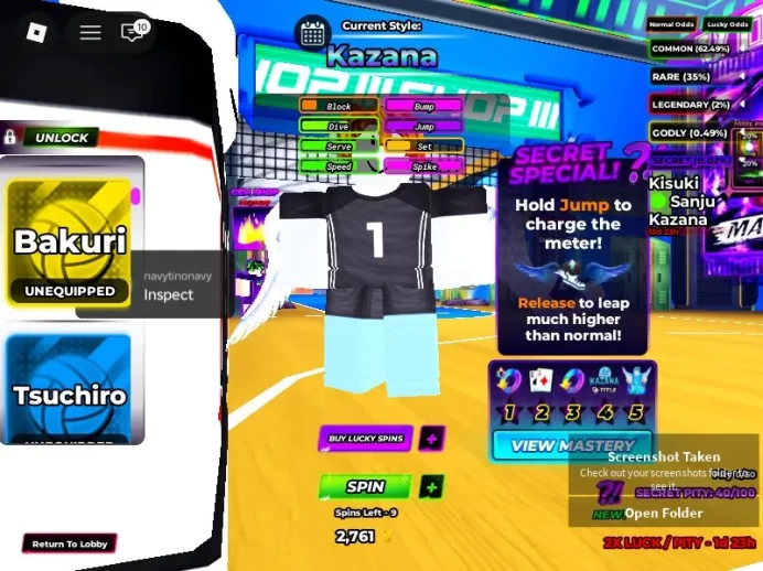 ROBLOX1699//ACCOUNT WITH KAZANA/KISUKI/BAKURI/70 LUCKY ABILITY SPINS
