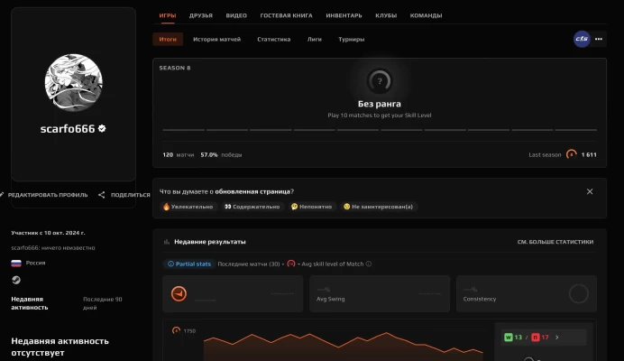 CS694 FACEIT Level 8 before reset - needs matches to display rank again, 1611 ELO, 120 Matches, Verified, No Prime