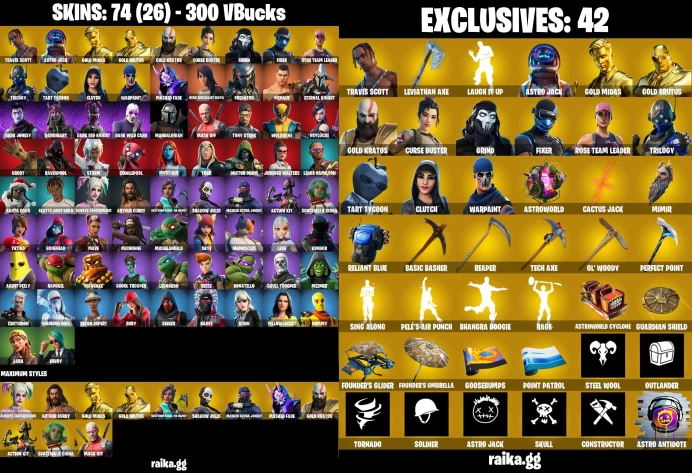 [PC/XBOX] 74 skins | OG STW | Travis Scott | Leviathan Axe | Aura | Ghoul Trooper | Tony Stark | Siren	LKK284