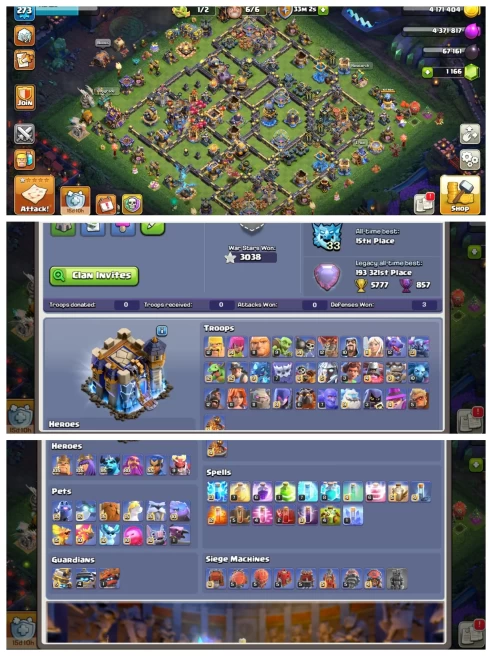 M197【Th 18 Full Max】Some troops & defense left▰5 Hero Max▰15 Epic 5 Max▰12 Skin▰Bh 10 Max▰Dragon Statue