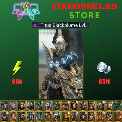 Starter acc with Titus : 96k energy / 63 mln coins / Tuskkor, Lonatharil, Suzerain Katonn, Arix, Ninja + 20 Login Legendaries